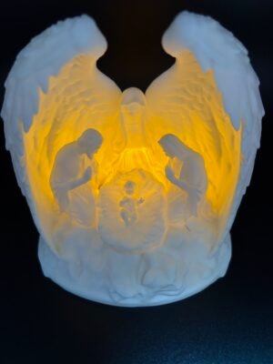 img 9495 Light-up nativity tea light holder – angel wings enfolding Mary, Joseph and baby Jesus in the manger, glowing with warm LED light, 3D printed by HulkyPrints