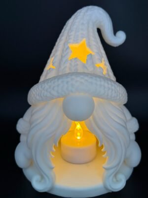 img 9502 Winter Gonk tea light holder – white 3D printed Christmas gonk with cable-knit hat, glowing star cut-outs, flowing beard and LED tea light inside