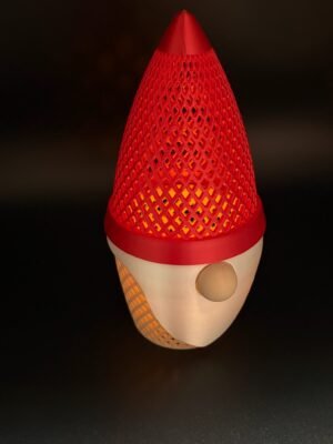 img 9505 (1) copy Front view of the light up gonk lantern – 3D printed Christmas gonk with glowing red diamond lattice hat, cream beard and round nose