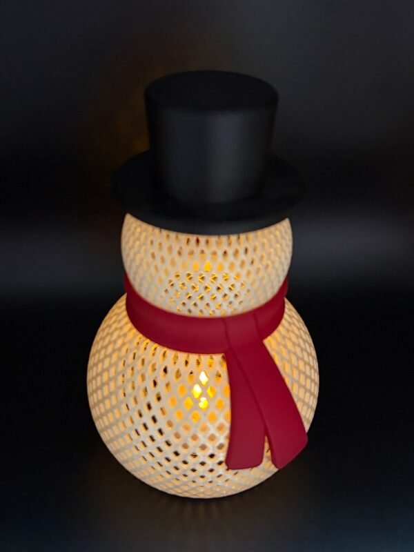 img 9508 Lattice snowman tea light holder – white 3D printed diamond lattice snowman with black top hat and red scarf, glowing with warm LED light