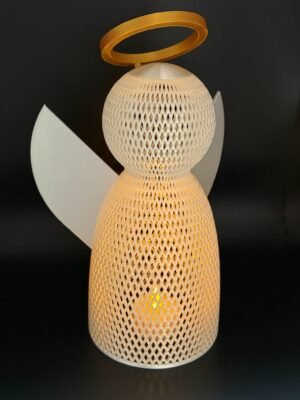 img 9510 copy Light up angel lantern – white 3D printed diamond lattice Christmas angel with frosted wings and gold halo, glowing with warm LED light