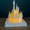img 9538 Light up Cinderella Castle on an ornate scrolled plinth – white 3D printed Walt Disney World Magic Kingdom castle glowing with a warm LED tea light